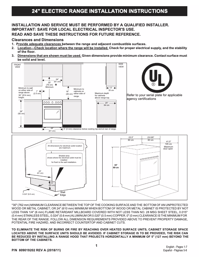 Página 1 del manual Guía de instalación Frigidaire FCFE2425AW