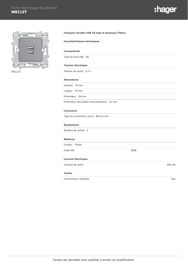 Página 1 del manual Ficha técnica Hager WE112T