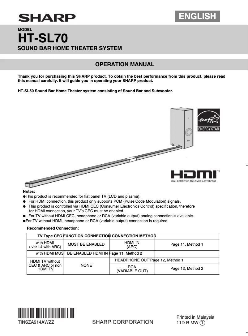 Imagen de la primera página del manual del dispositivo HT-SL70