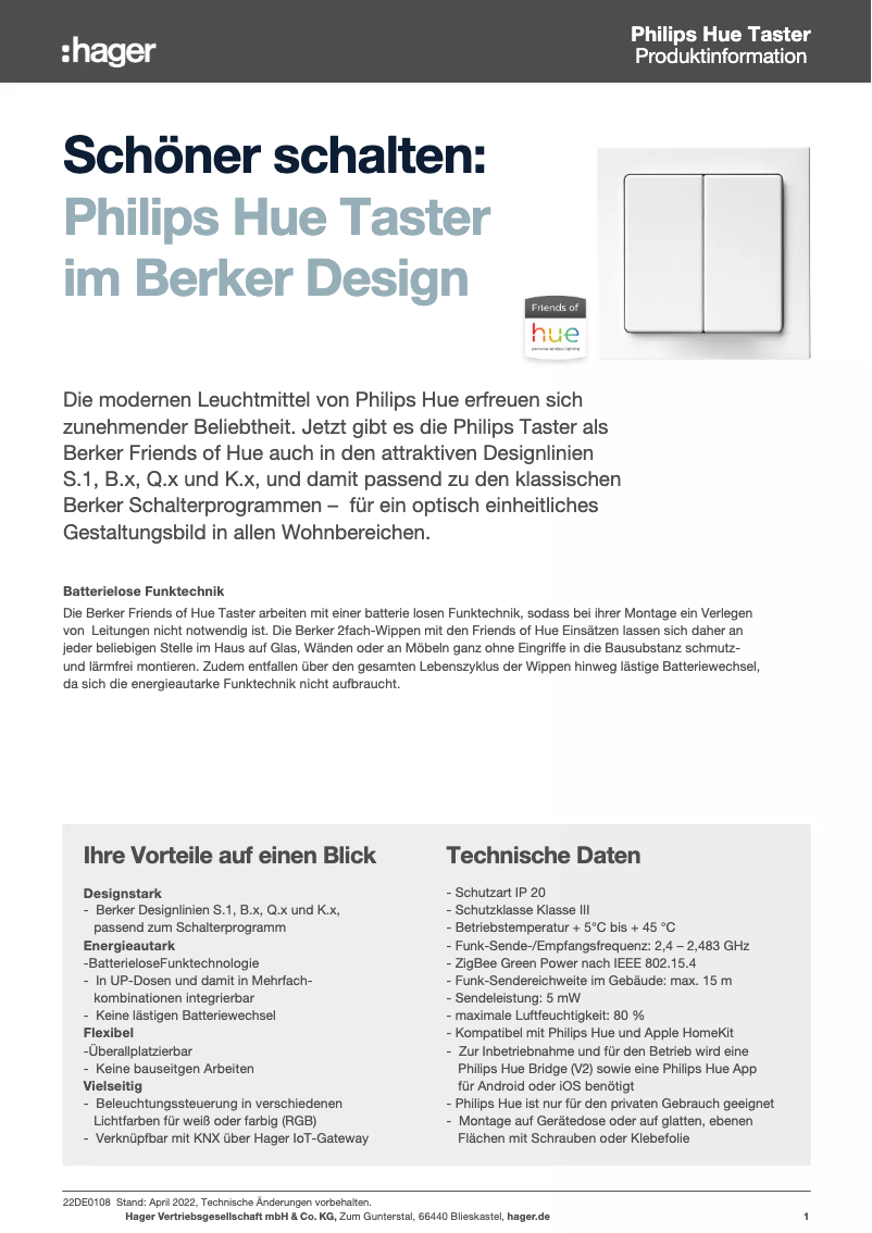 Página 1 del manual Ficha técnica Berker 24127036