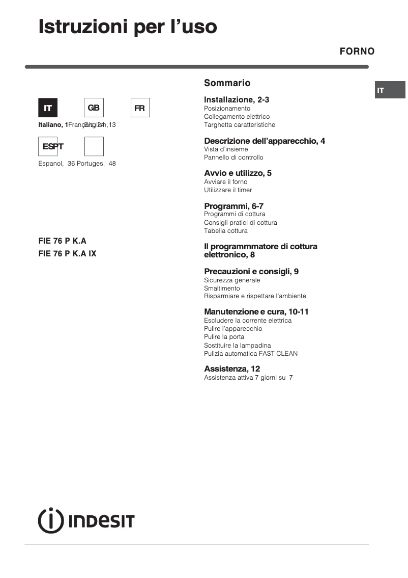 Imagen de la primera página del manual del dispositivo FIE 76 P K.A (WH)