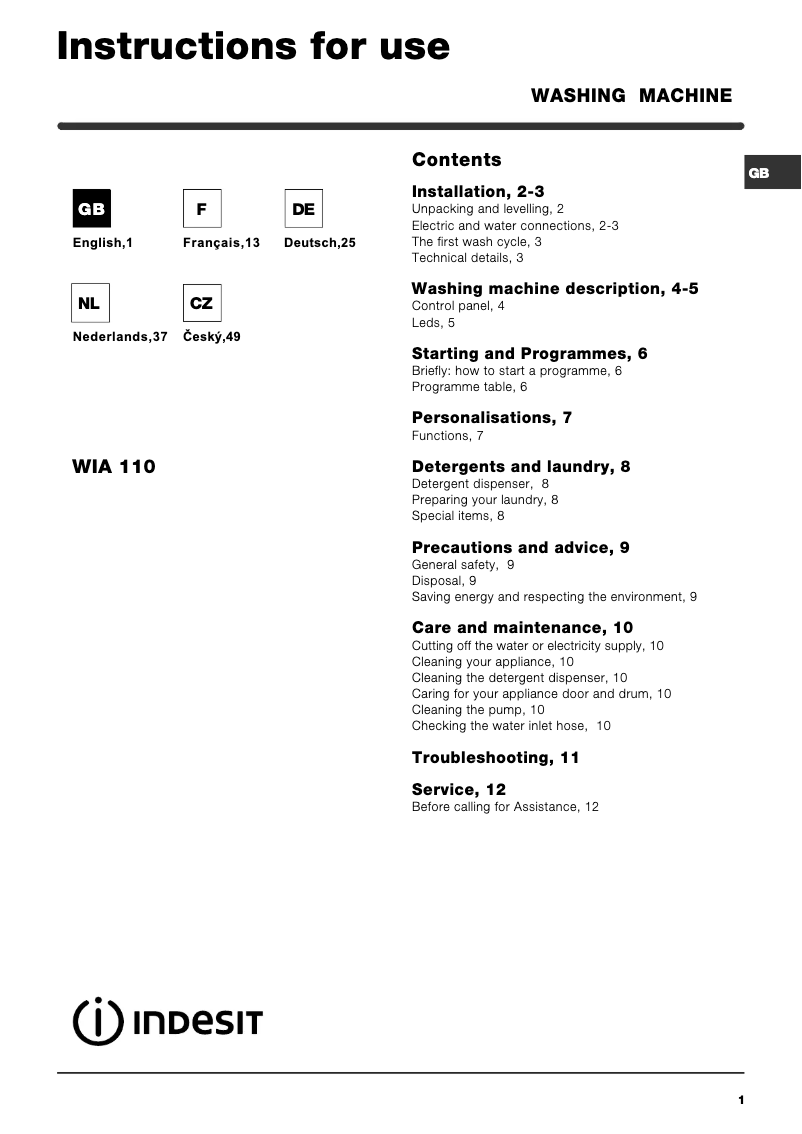 Página 1 del manual Manual de usuario Indesit WIA 110 (EU)