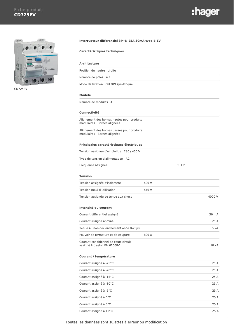 Página 1 del manual Ficha técnica Hager CD725EV