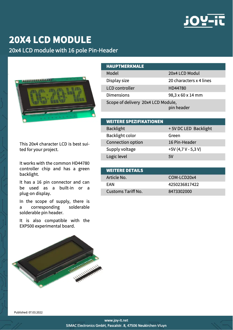 Página 1 del manual Ficha técnica Joy-It COM-LCD20x4