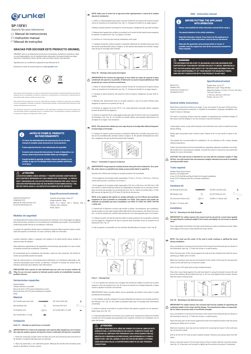 Imagen de la primera página del manual del dispositivo SP-15FX1