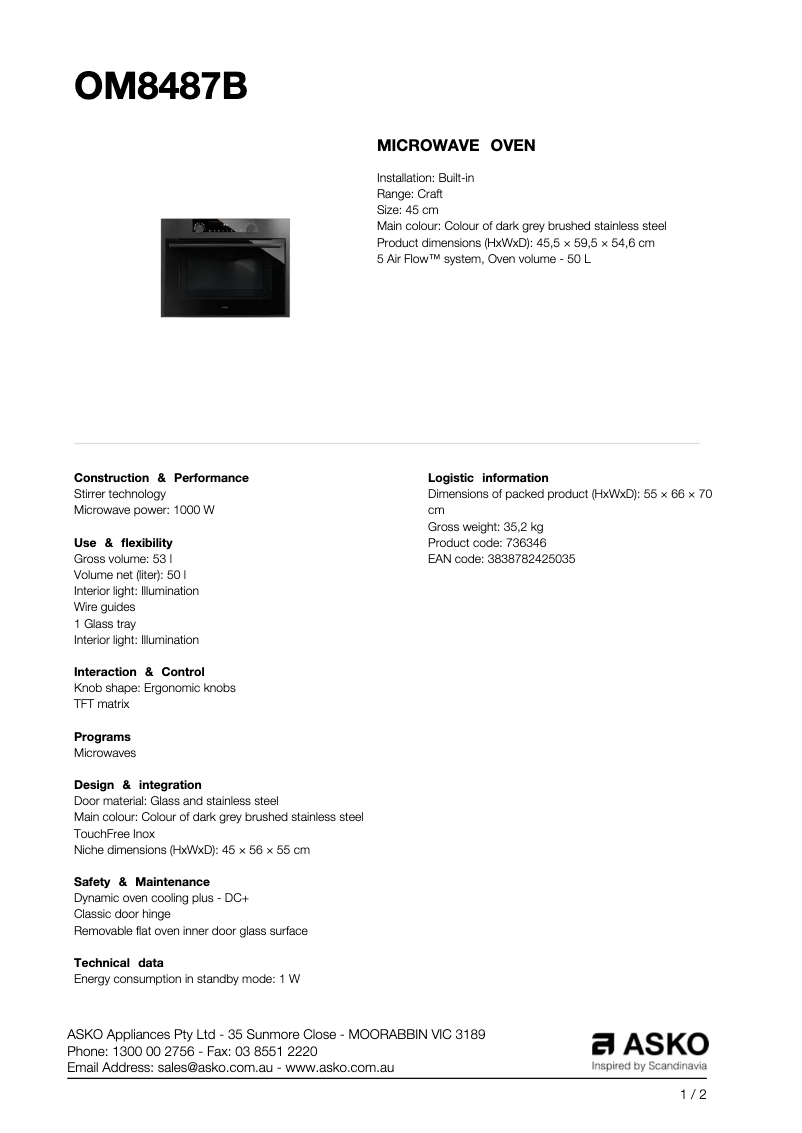 Página nº 1 - Ficha técnica Asko OM8487B