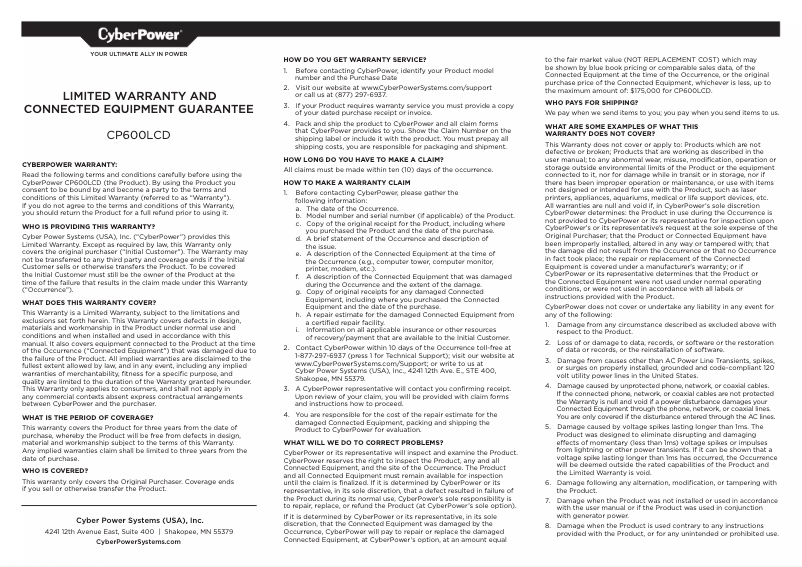 Página 1 del manual Información de garantía CyberPower CP600LCD