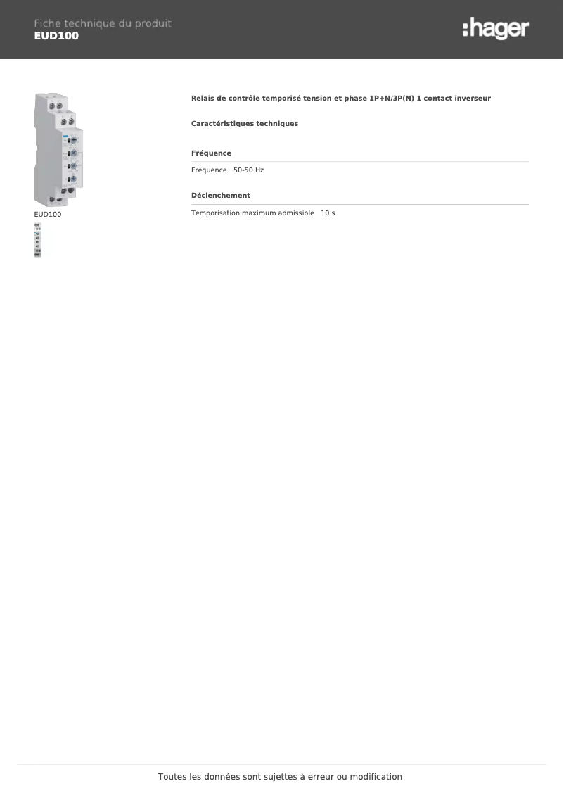 Página 1 del manual Ficha técnica Hager EUD100