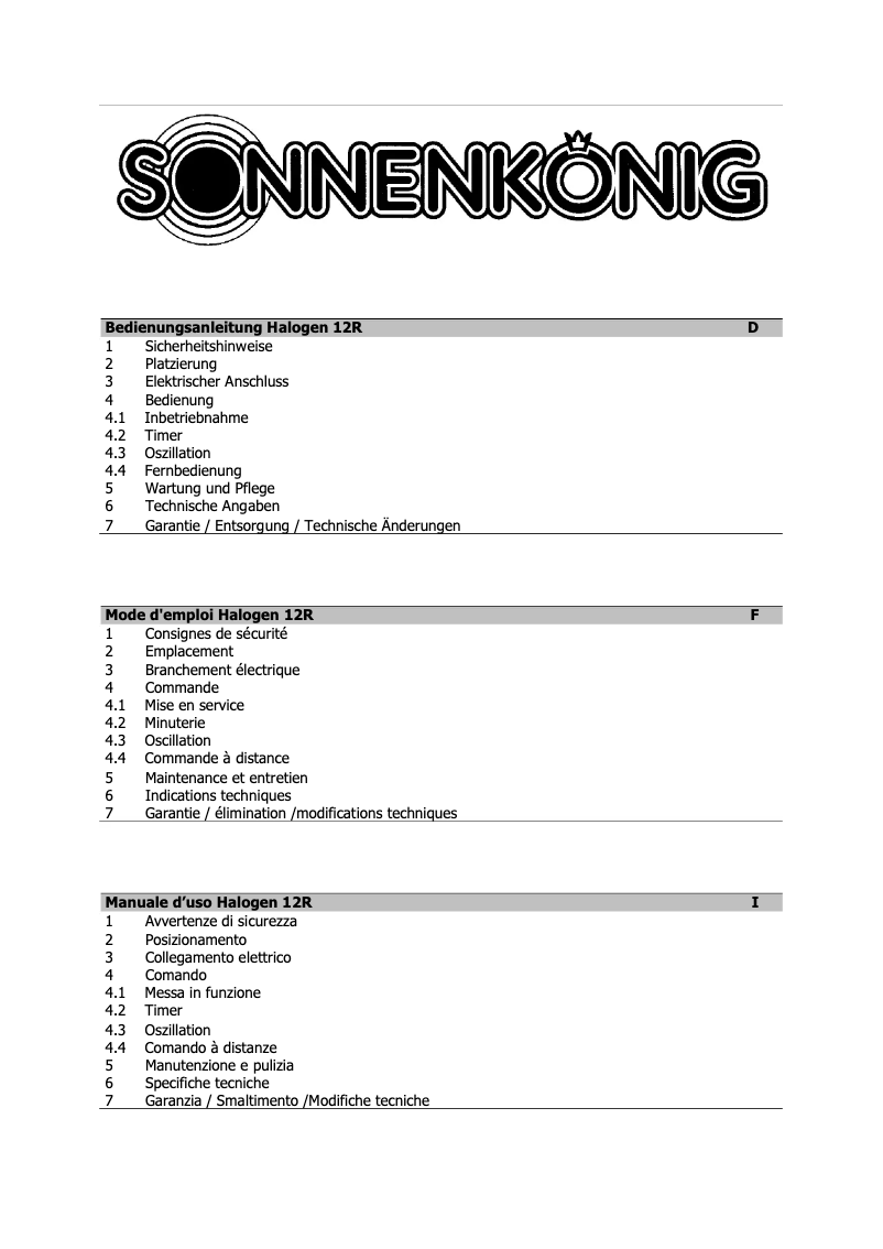 Página 1 del manual Manual de usuario Sonnenkönig HALOGEN 12R