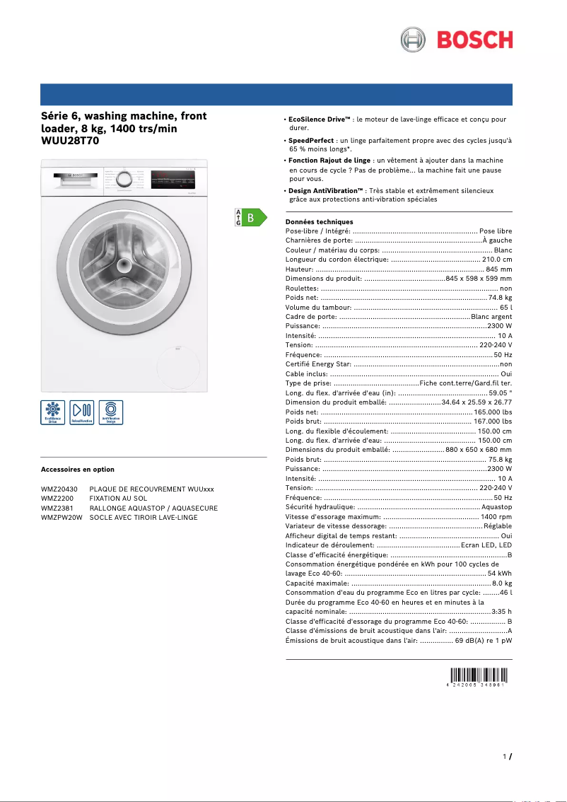 Página 1 del manual Ficha técnica Bosch WUU28T70