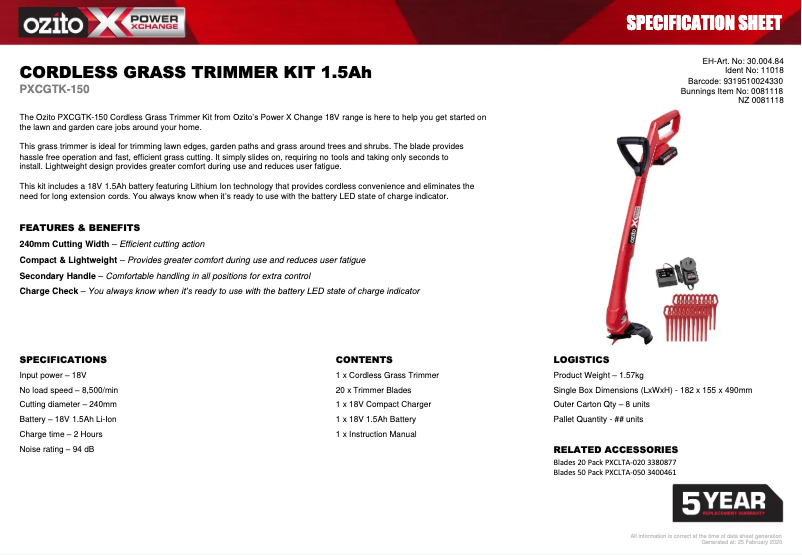Página 1 del manual Ficha técnica Ozito PXCGTK-150