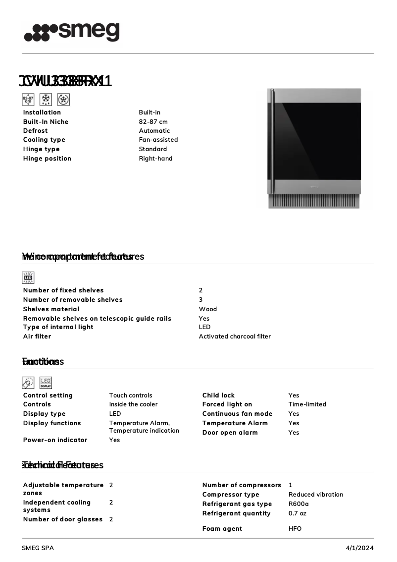 Página 1 del manual Ficha técnica Smeg CVIU338RX1