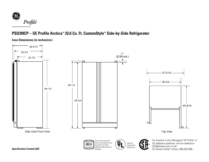Página 1 del manual Ficha técnica GE Profile CustomStyle PSI23NCPBB