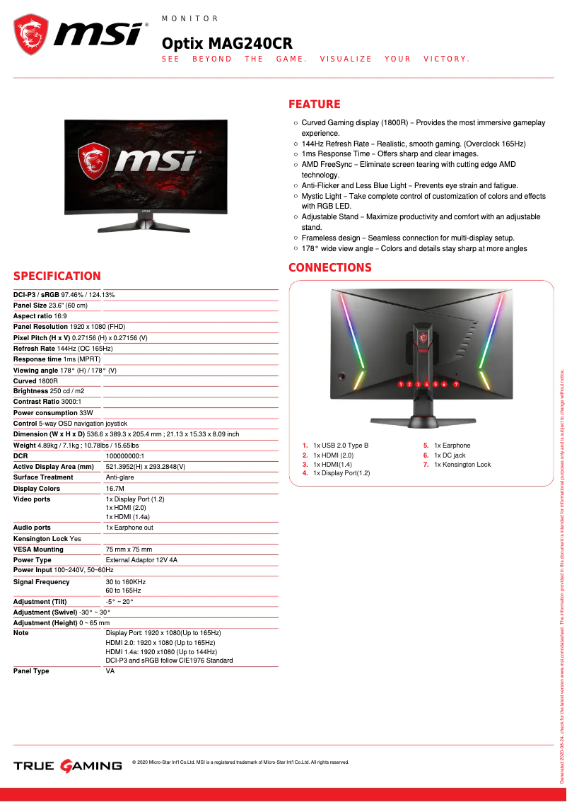 Página nº 1 - Ficha técnica MSI Optix MAG240CR