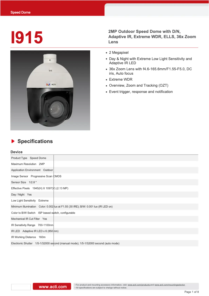 Página 1 del manual Ficha técnica ACTi I915