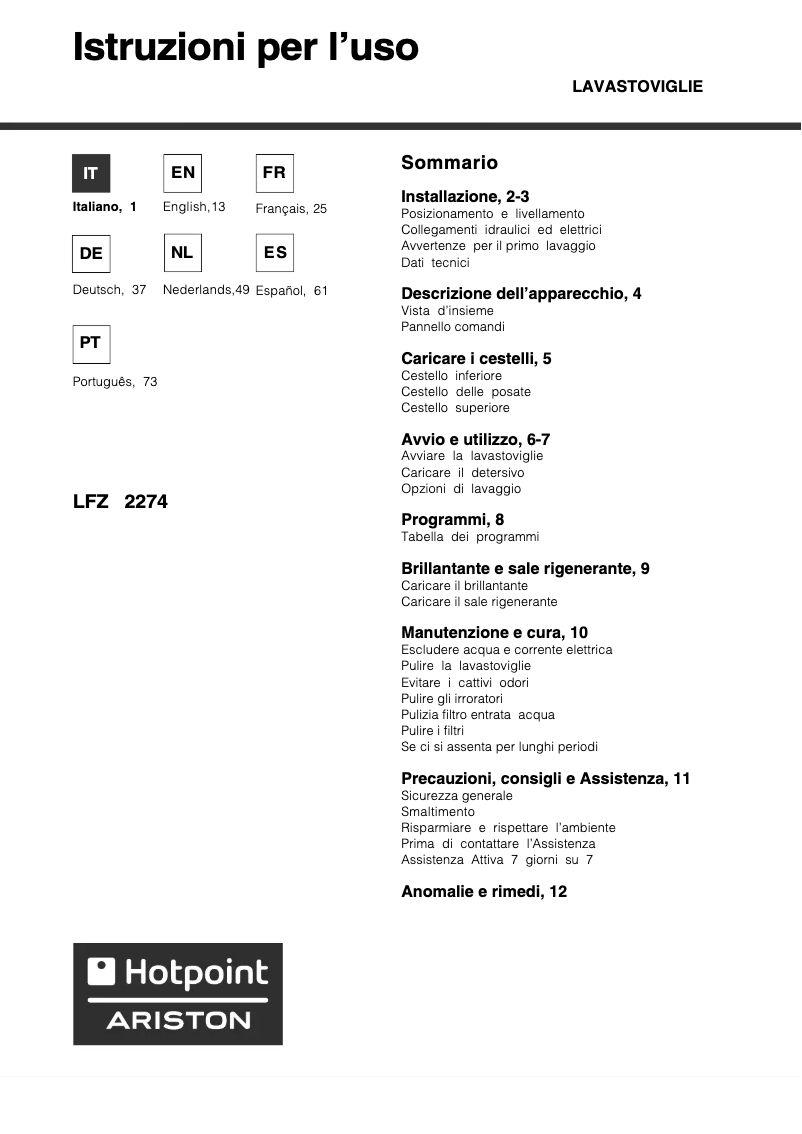 Página 1 del manual Manual de usuario Hotpoint Ariston lfz 2274 A IX