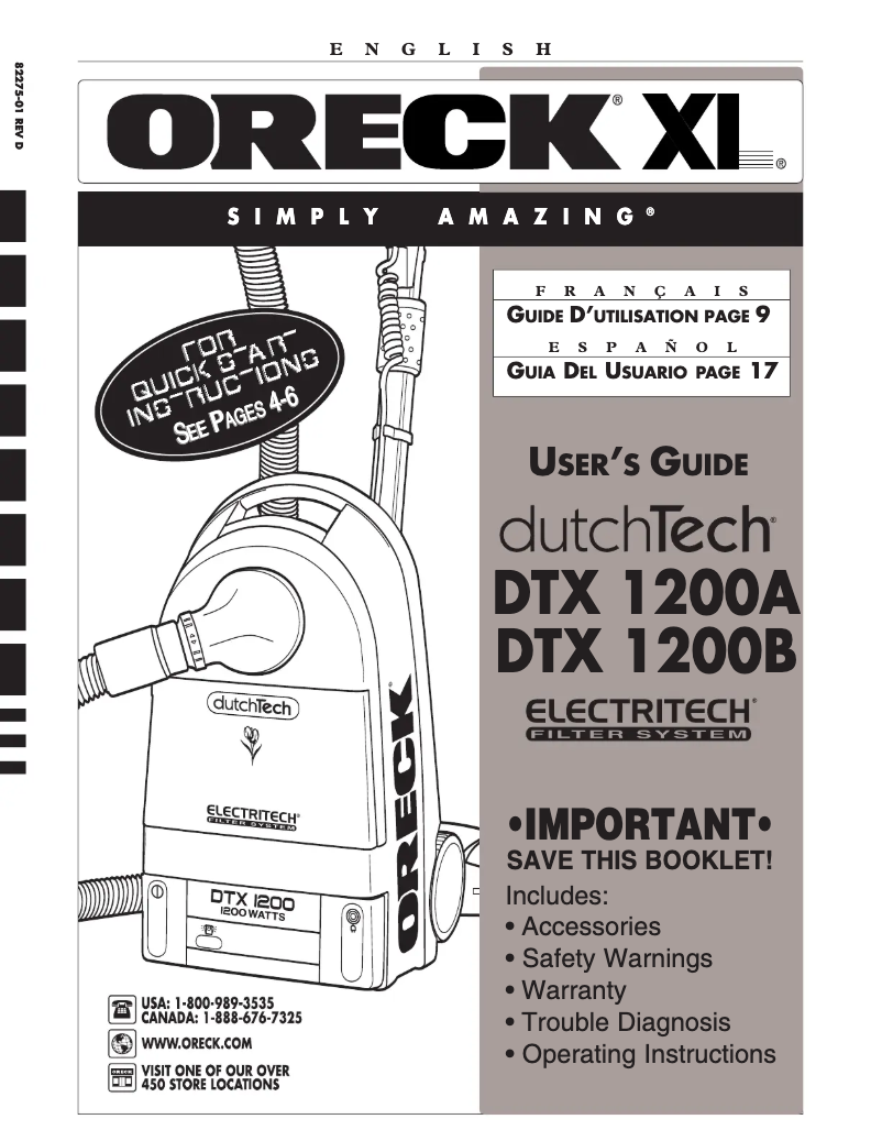 Página 1 del manual Manual de usuario Oreck Dutchtech DTX1200