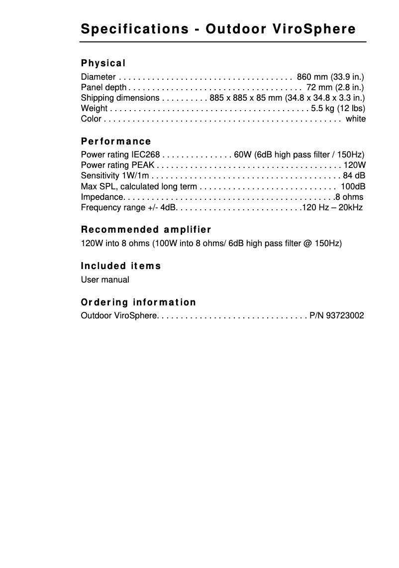 Página 1 del manual Ficha técnica Martin Outdoor ViroSphere