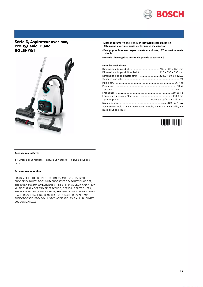 Página 1 del manual Ficha técnica Bosch BGL6HYG1