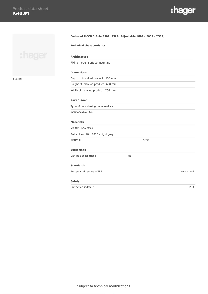 Página 1 del manual Ficha técnica Hager JG40BM