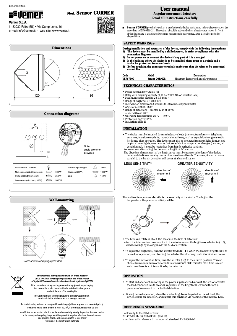 Página 1 del manual Manual de usuario Vemer Sensor CORNER