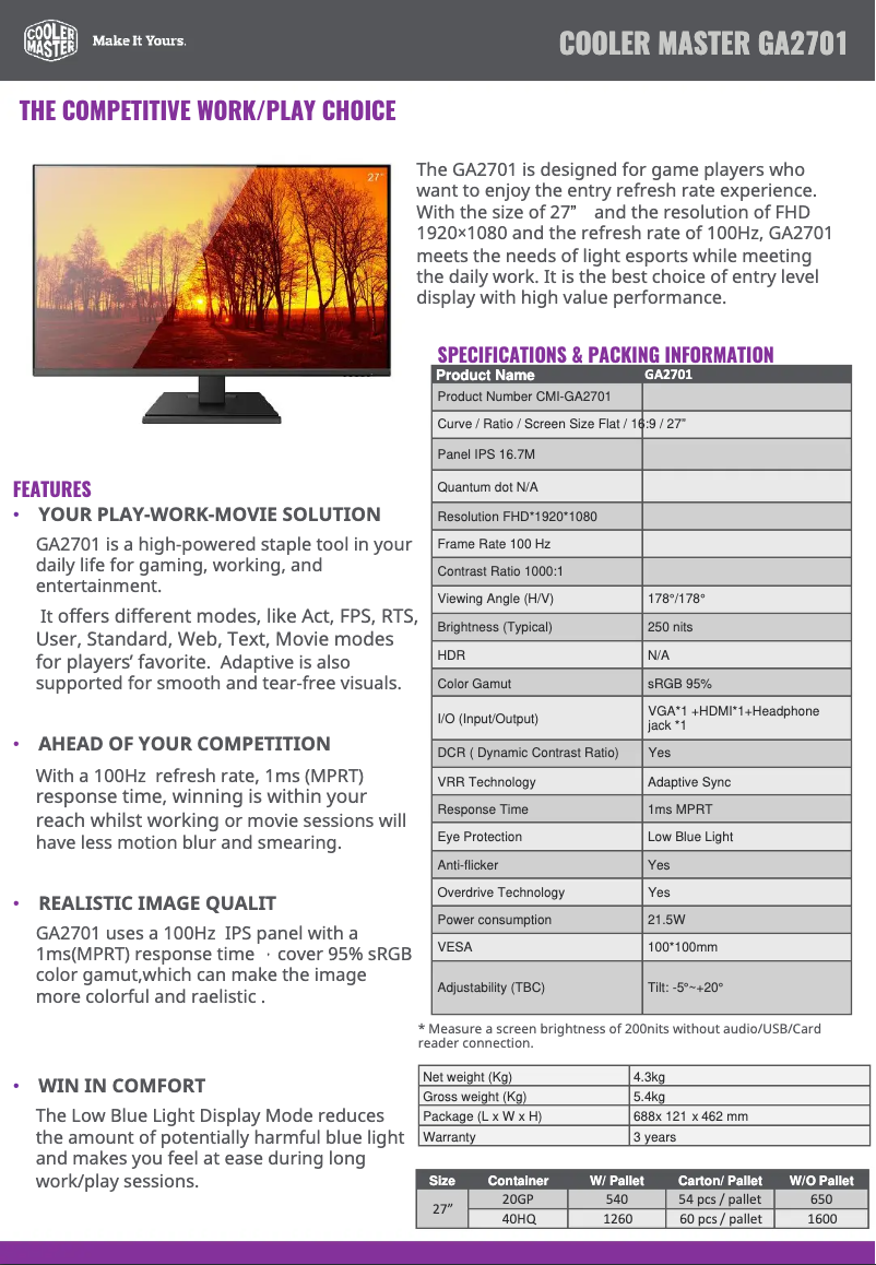 Página 1 del manual Ficha técnica Cooler Master GA2701