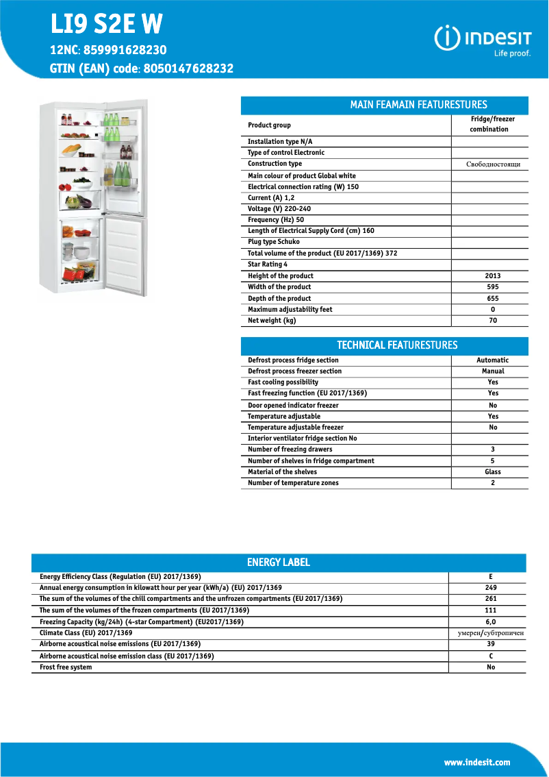 Página 1 del manual Ficha técnica Indesit LI9 S2E W