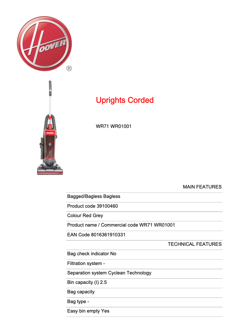 Página 1 del manual Ficha técnica Hoover SE71_WR01001