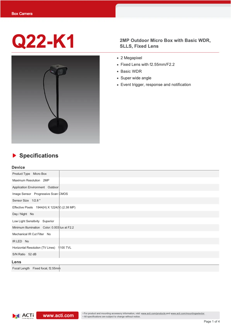 Página 1 del manual Ficha técnica ACTi Q22-K1