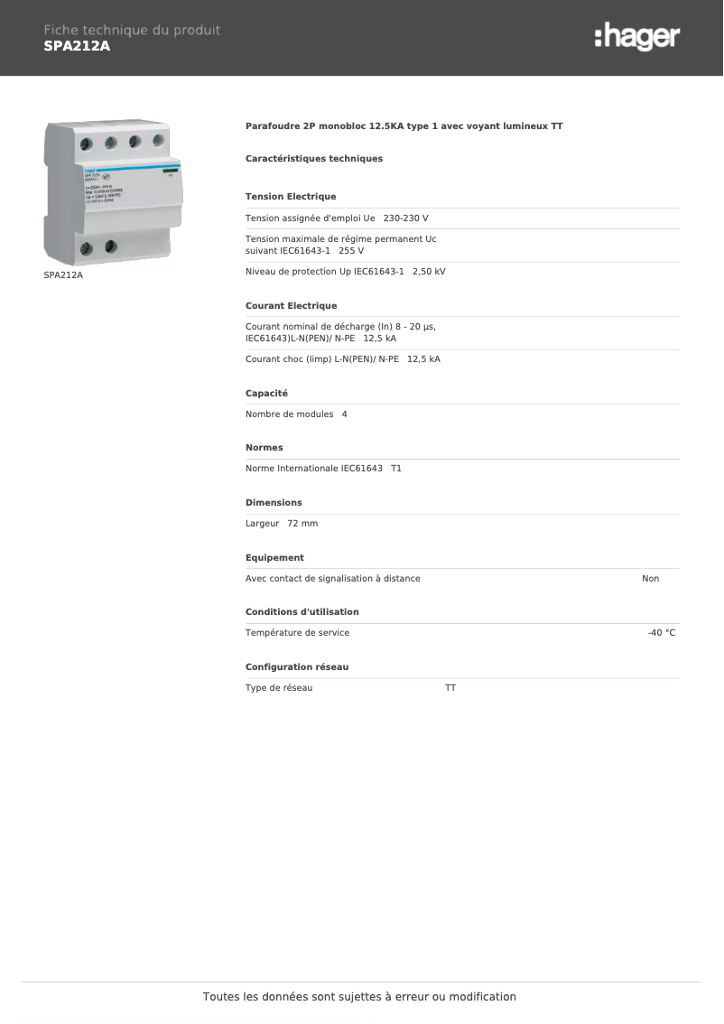 Página 1 del manual Ficha técnica Hager SPA212A