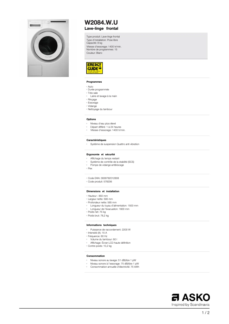Página 1 del manual Ficha técnica Asko W2084.W.U