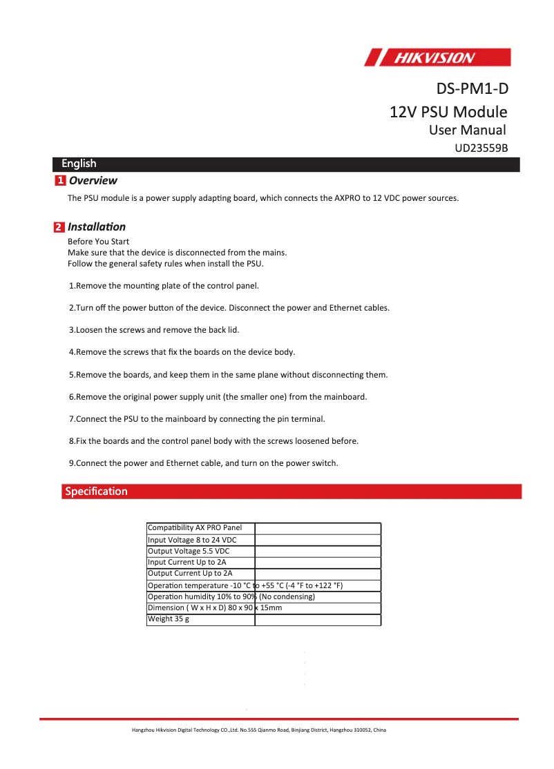 Página 1 del manual Manual de usuario Hikvision DS-PM1-D