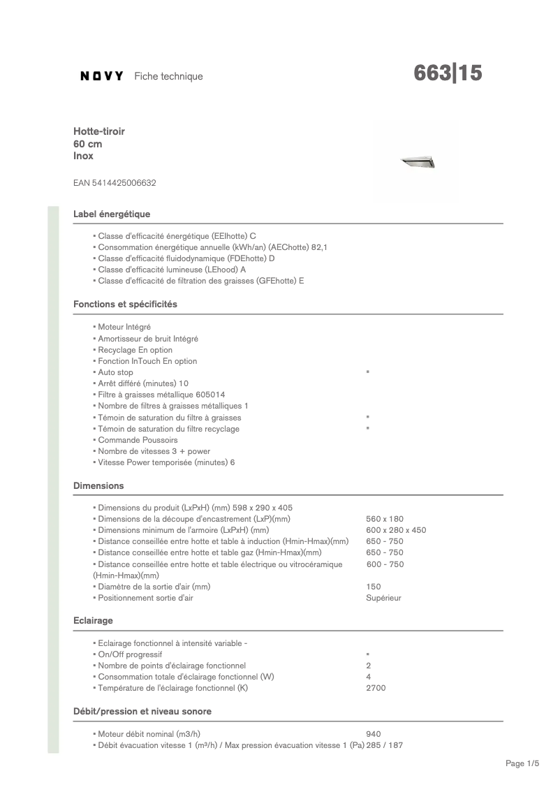 Página 1 del manual Ficha técnica Novy 663