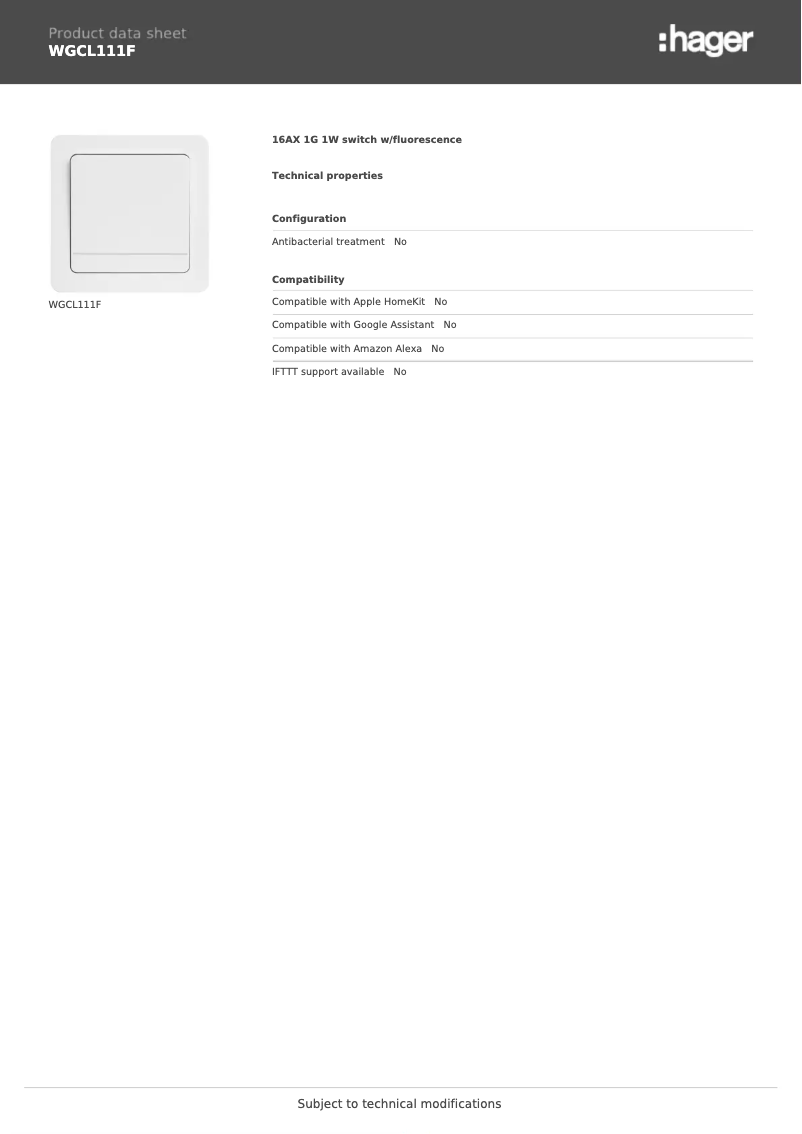 Página 1 del manual Ficha técnica Hager WGCL111F