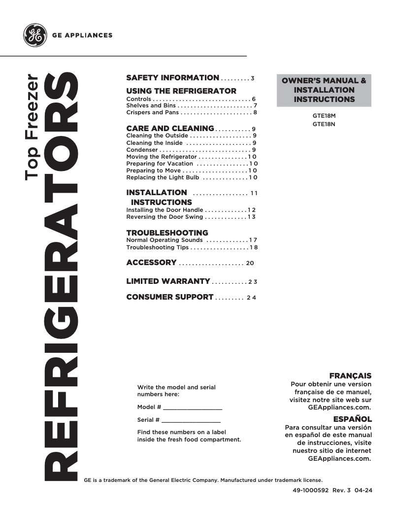 Página 1 del manual Manual de uso y mantenimiento GE GTE18MTRRBB