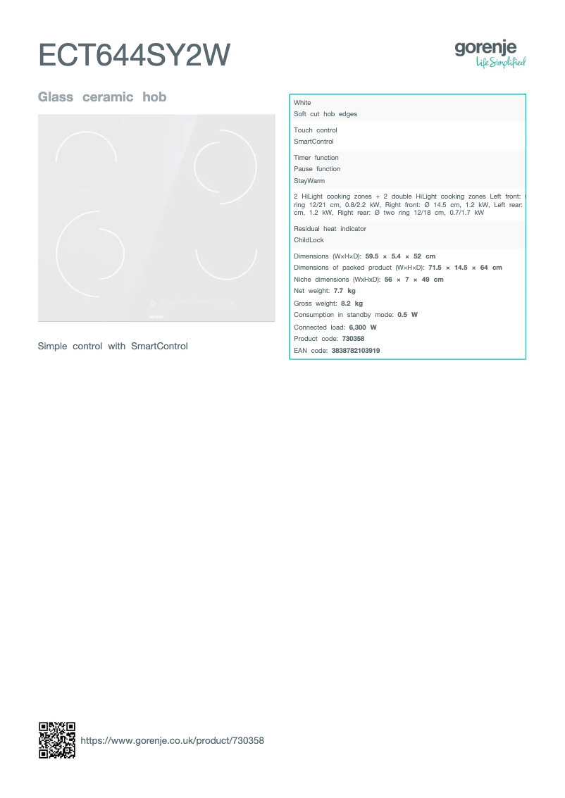 Página 1 del manual Ficha técnica Gorenje ECT644SY2W