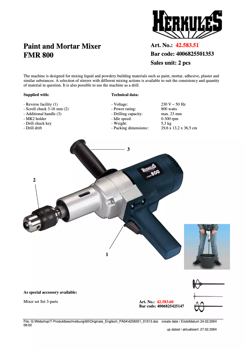 Página 1 del manual Ficha técnica Herkules FMR 800