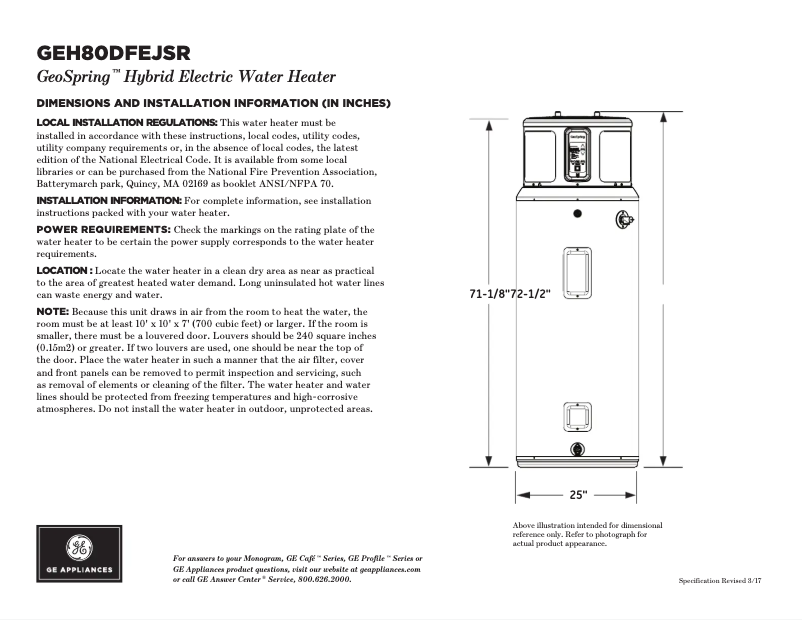 Página 1 del manual Ficha técnica GE GeoSpring H80DFEJSR