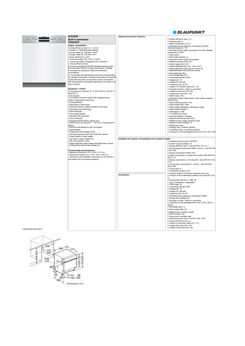 Página 1 del manual Ficha técnica Blaupunkt 5VI 702XP