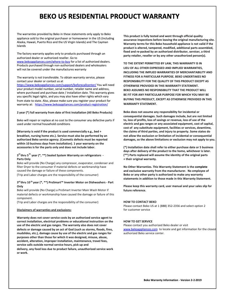 Página 1 del manual Información de garantía Beko BUFR2715MG