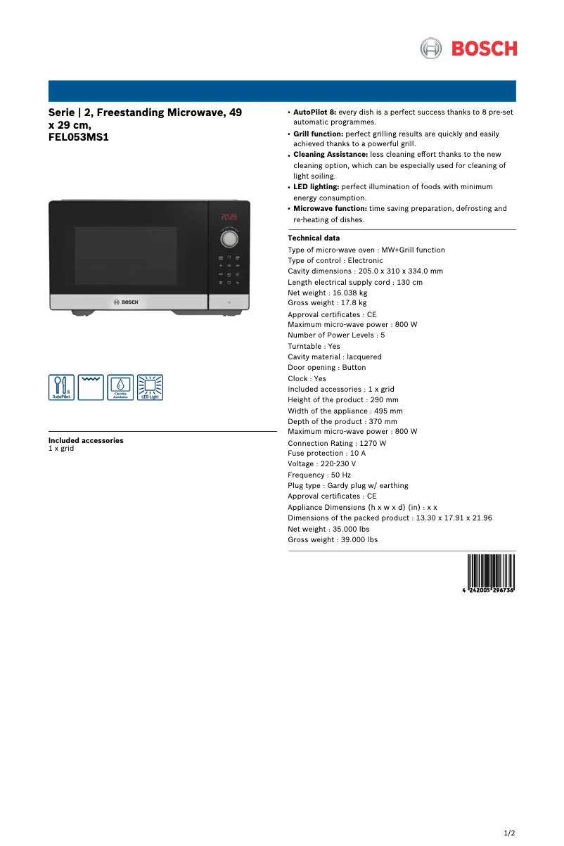 Página 1 del manual Ficha técnica Bosch FEL053MS1