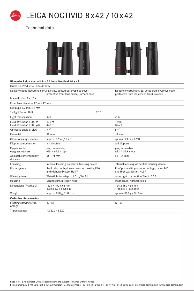 Página nº 1 - Ficha técnica Leica Noctivid 10x42