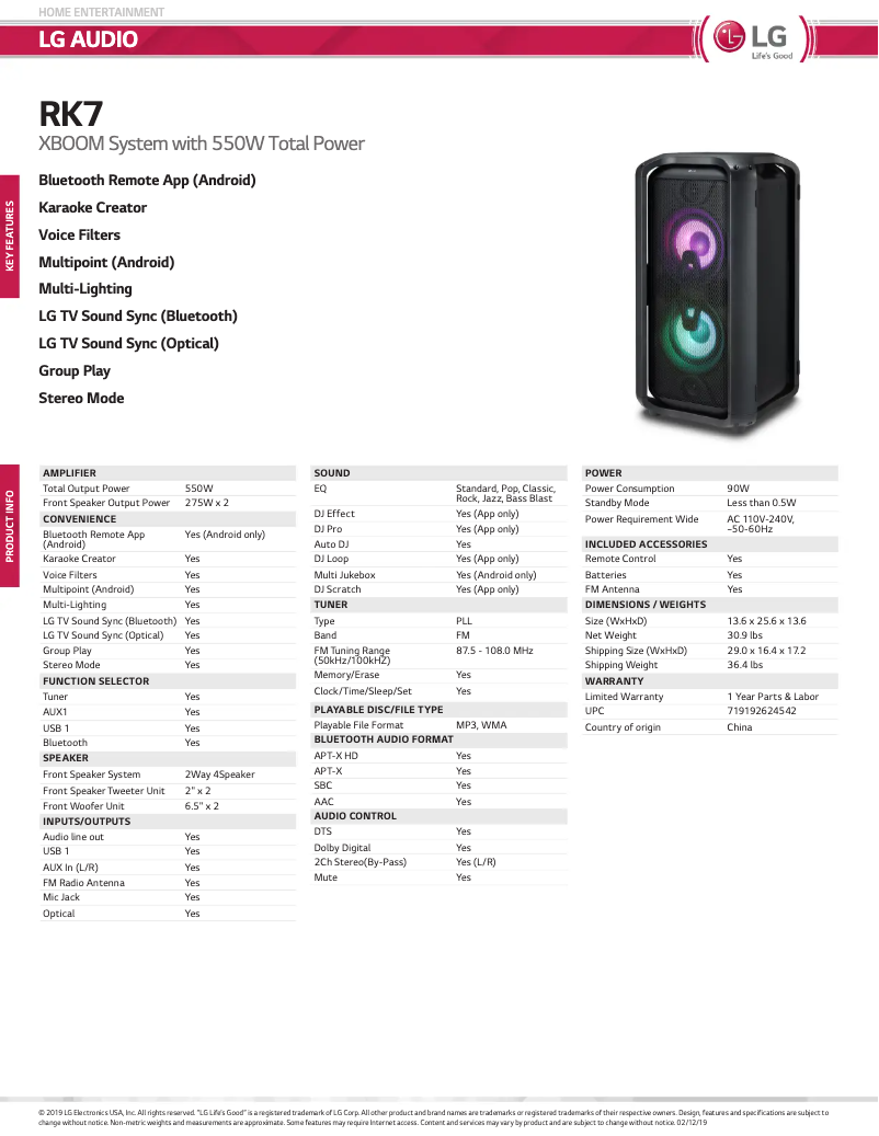 Página nº 1 - Ficha técnica LG XBOOM RK7