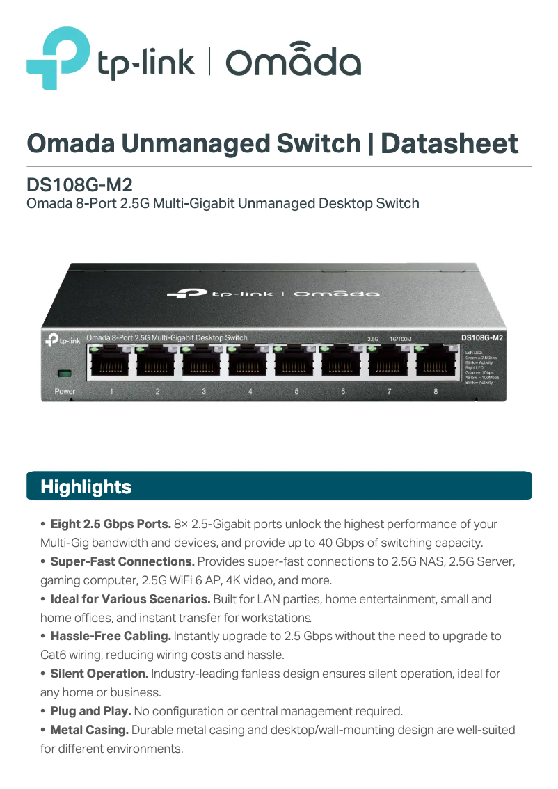 Imagen de la primera página del manual del dispositivo Omada DS108G-M2
