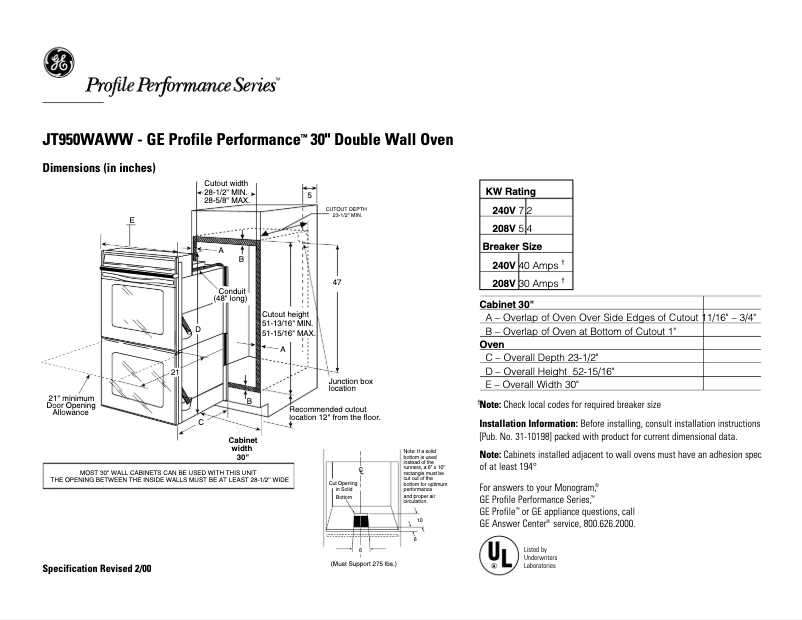 Página 1 del manual Ficha técnica GE Profile Performance JT950WAWW
