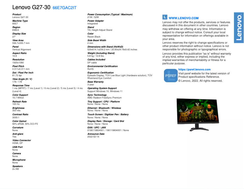 Página nº 1 - Ficha técnica Lenovo G27-30