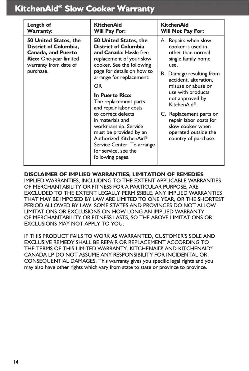 Página nº 1 - Información de garantía KitchenAid KSC6223SS