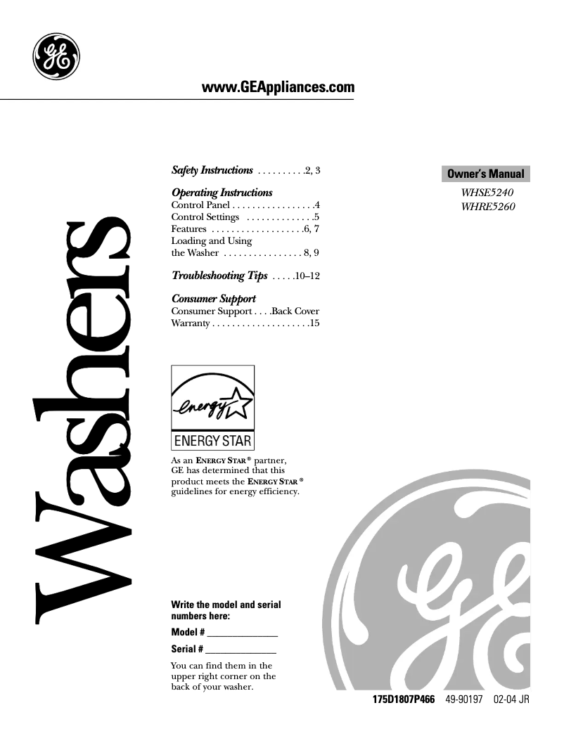 Imagen de la primera página del manual del dispositivo WHRE5260EWW