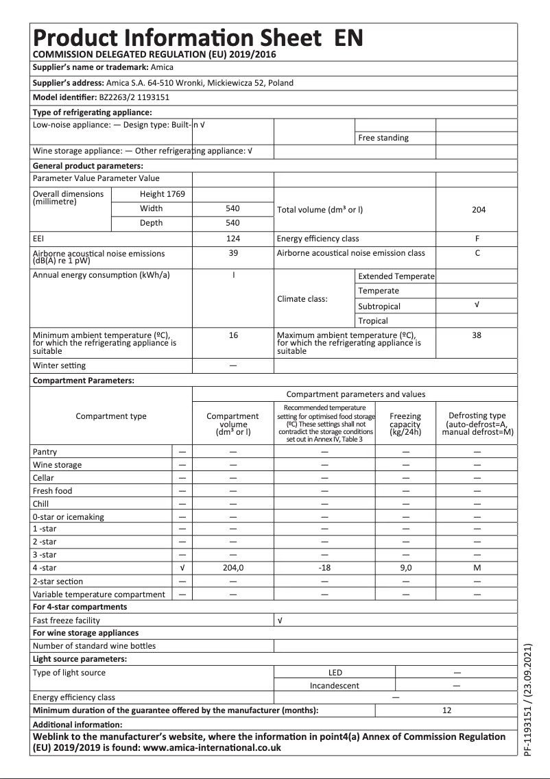 Página 1 del manual Ficha técnica Amica BZ2263