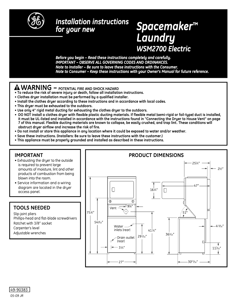 Imagen de la primera página del manual del dispositivo Spacemaker WSM2700WWW